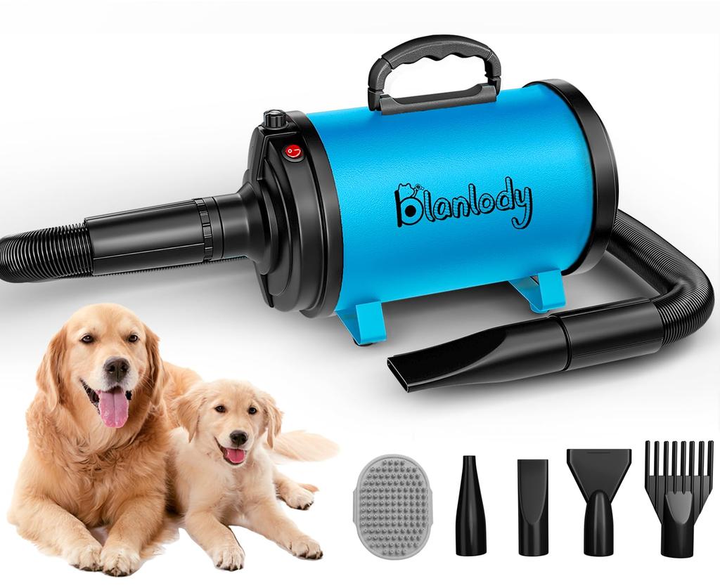 Blanlody Dog Low Dog Stepless Wind Pet Dryer for Home Cat Adjustable 4 Nozzles and Brush Dryer, 4.5PS / 3200W, Noise, 50dB, Professional-Grade Dryer,