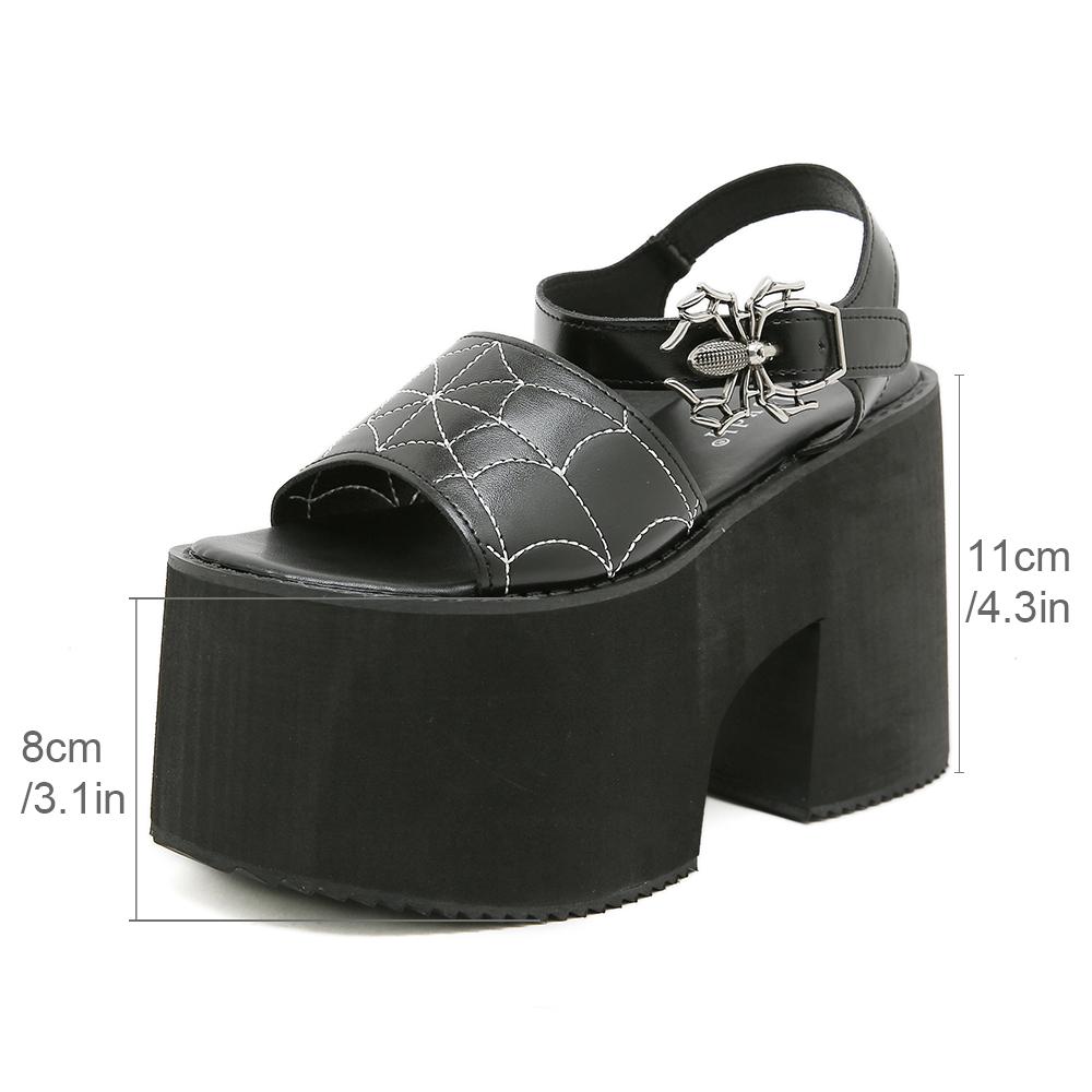 Gdgydh Thick Heel Sandals Punk Style Girls Spider Web Embroidery Cosplay Shoes Spider Buckle Women Summer Shoes Platform Heels