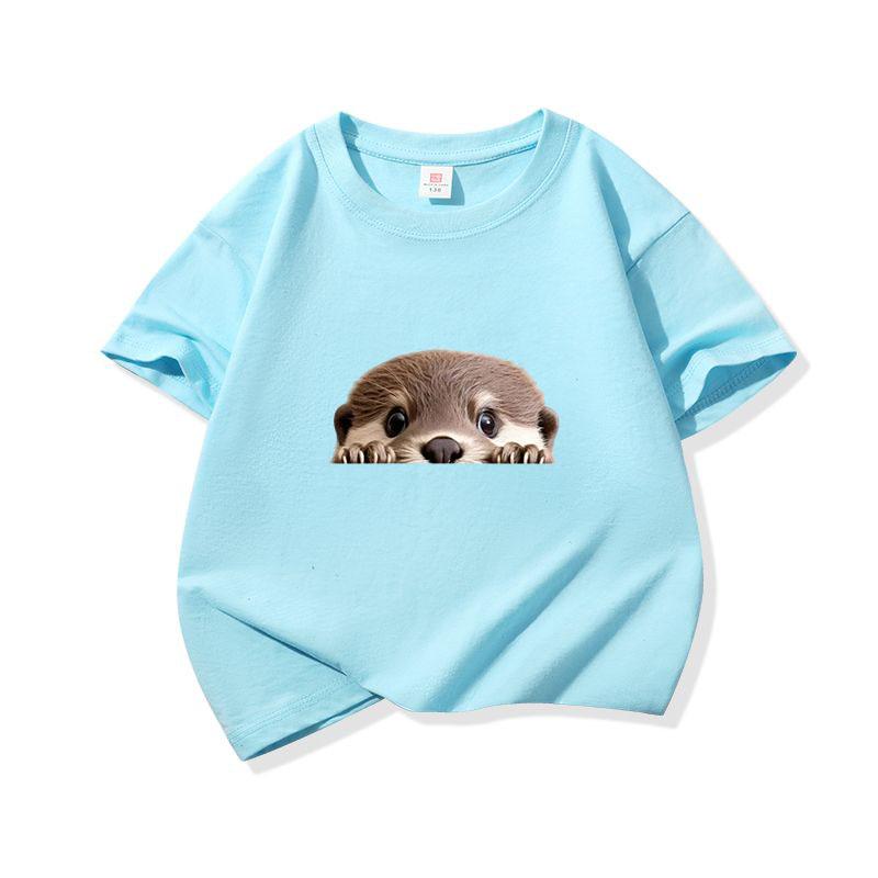 Kinder Baumwoll-T-Shirt Niedlicher Peekender Otter Aufdruck Rundhalsausschnitt Kurzarm T-Shirt Lässig Atmungsaktiv Jungen Mädchen Sommer Oberteile