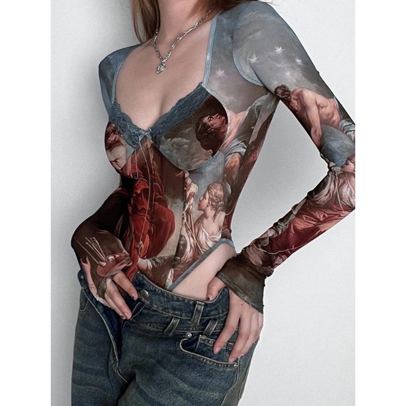 T-shirt da donna, body sexy in rete, top a maniche lunghe con fiocco vintage, da donna, maglietta da ragazza piccante, alla moda, con scollo quadrato