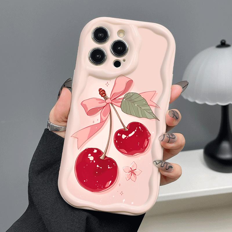 Pink Bowknot Cherry Pattern Cream Wave Phone Case For iPhone 11 12 13 14 15 16 Pro Plus 17 Pro Max 16e 17e Shockproof Soft Cover