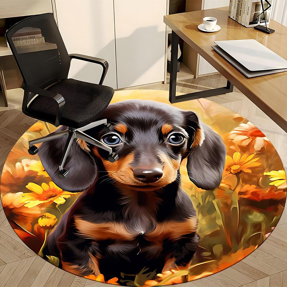 1PC Dachshund Flowers Office Round Area Rug, Mat Suitable For Office, Under Office Chairs Bedroom Living Room Home Decor, Room Deco