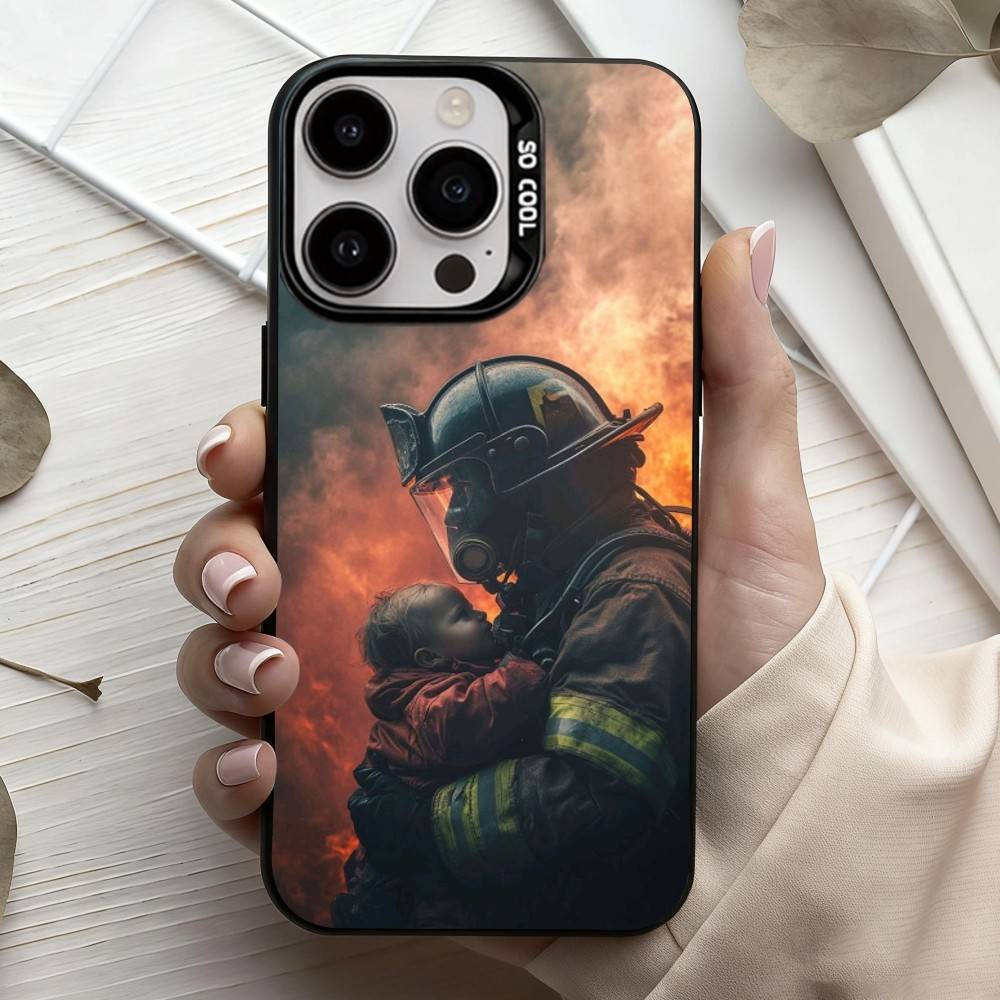 Fire Disaster Firefighter Phone Case For iPhone17,16,15,14,13,12,11 Plus,Pro Max Black Candy Silver Plated Cover