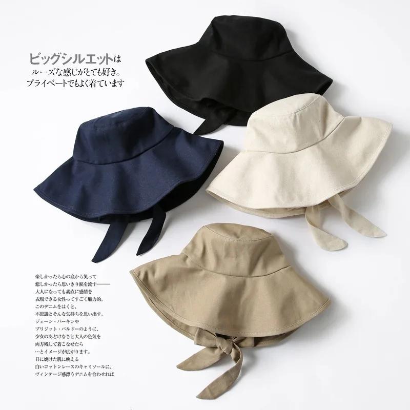 Summer Spring Tie Bucket Hat Women Big Brim Fisherman Hat Foldable Sunscreen Chic Cotton Linen Beach Sun Hat