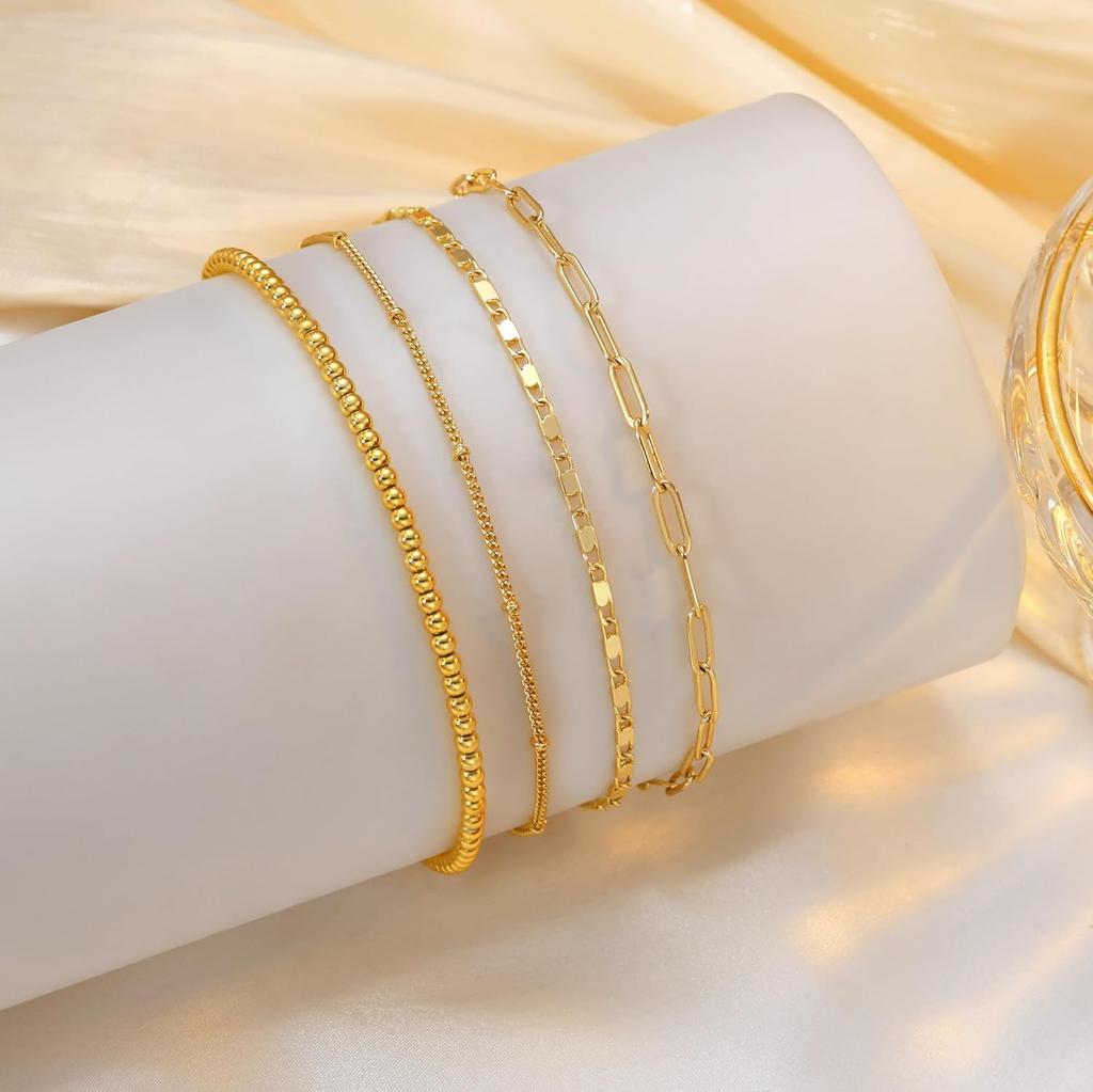 Waterproof Ankle Bracelets for Women, 14K Real Gold Filled Anklets for Women 6PCS Anklet Set Dainty Summer Beach Jewelry
