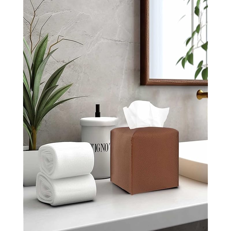 Leather Tissue Box Cover Square - [JESMINI, Brown] Modern PU Leather Cube Tissue Box Holder Decorative for Bathroom Vani Square/1Pack коричневый