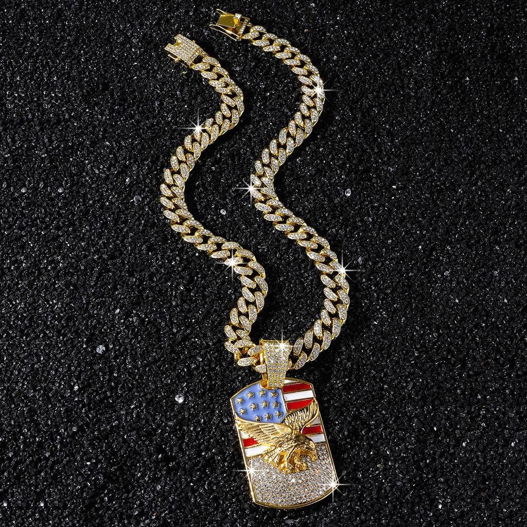 Iced Out Amerikanische Flagge Adler Anhänger Halskette Kristall Kubanische Kette Ideales Geschenk für Kulturinteressierte