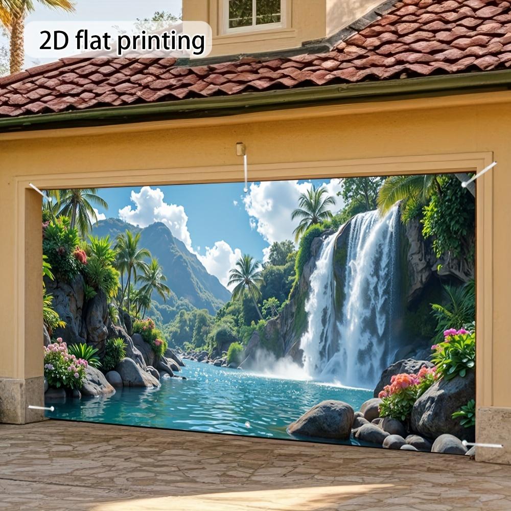 1pc Garage door sign featuring tropical waterfall and floral scenery. 2d flat printing vivid outdoor decoration.