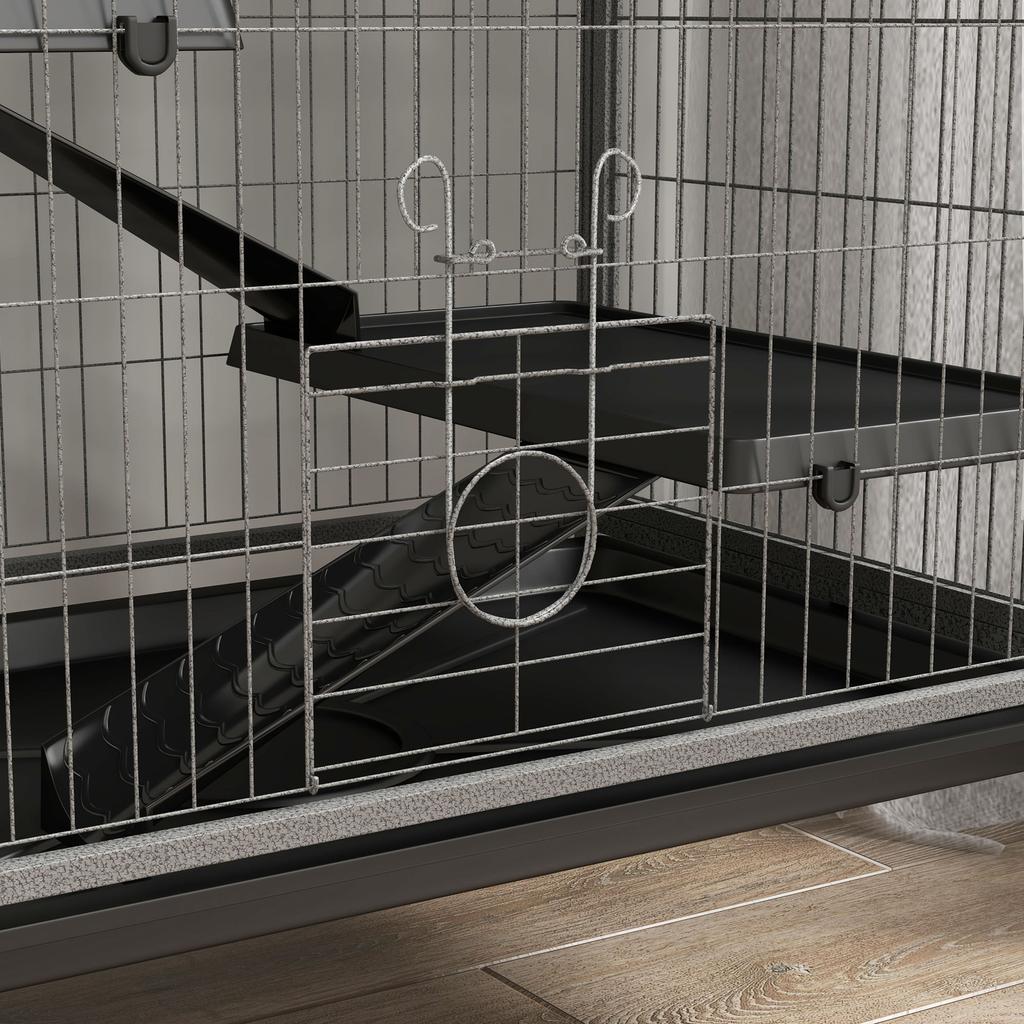 Multifunctional rodent cage with 4 platforms, 3 ramps, and 4 doors. Dimensions: 80L x 52W x 159H cm. Silver-grey/black steel.
