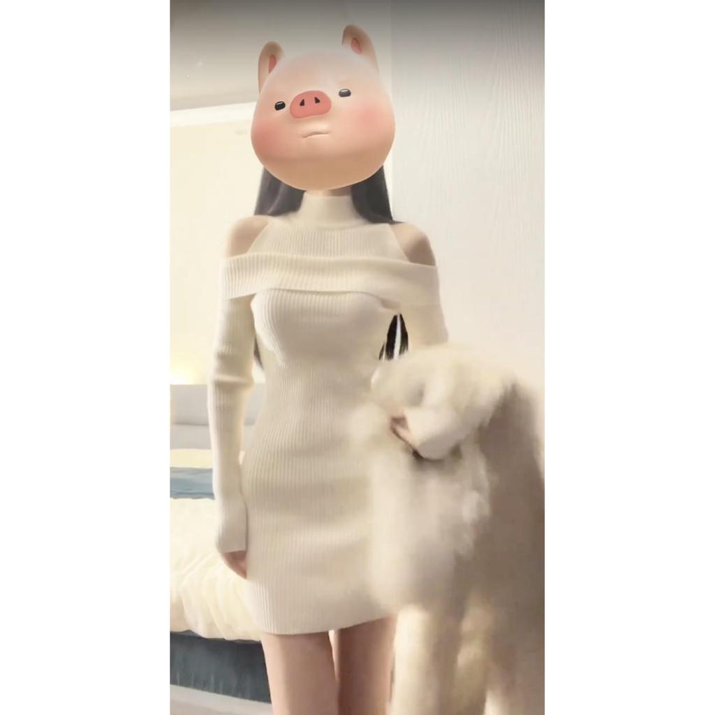 Off-Shoulder Knitted Bodycon Dress - Long Sleeve, Autumn/Winter Style, Waist-Cinching Short Skirt