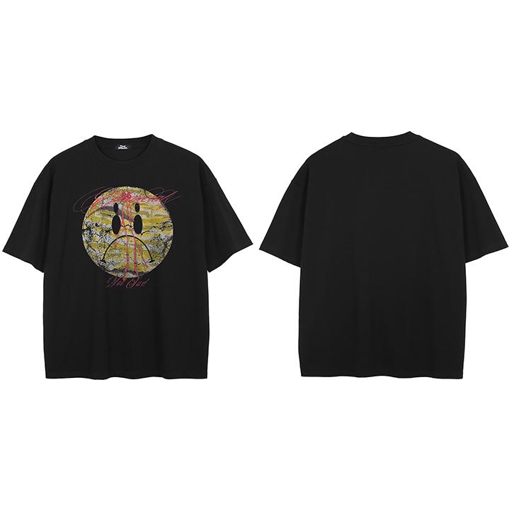 Hip Hop Faded Black TShirt Streetwear Graffiti Graphic T Shirt Sad Face Printed Men Tshirt Cotton Tops Tees Hipster S