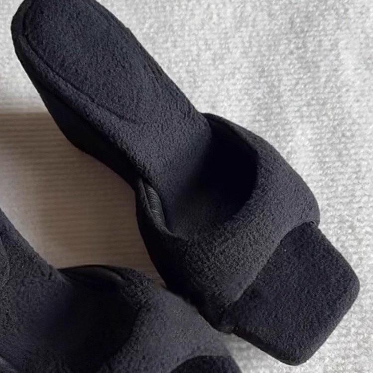 Fashion round Dudu word with wedge heel high heels women's niche fashion versatile bread plush square head cool slippers