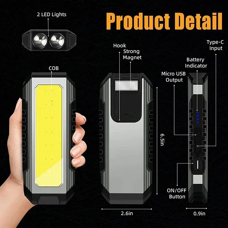 Work Rechargeable Light LED 4000MaH Portable Flashlight Magnetic Lamp 7 Modes With Hooks for Car Inspection Camping Lighting