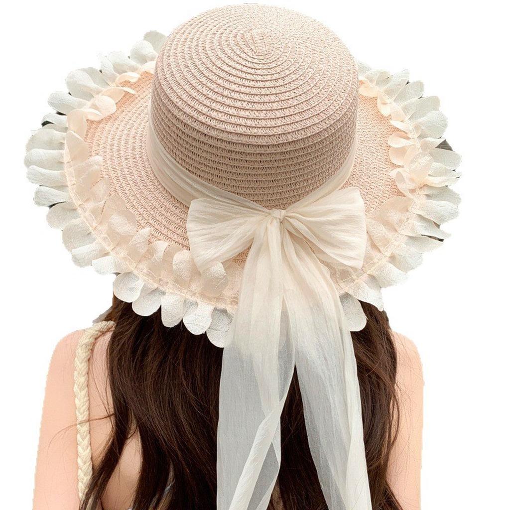Wide Brim Sun Hat Exquisite Outdoor Vacation Sun Hat Women'S Flat Top Straw Sun Hat Adjustable For Beach Vacation Picnic Seaside