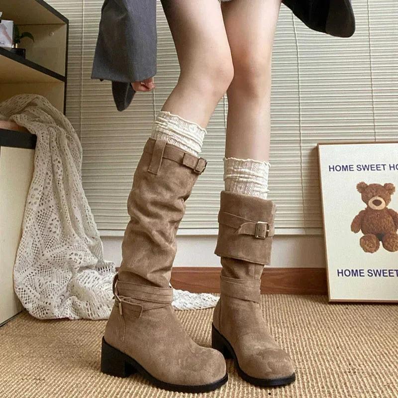 Fashion Platform Thick Heel Women Western Cowboy Boots Fashion Slip On Folded Pile Long Booties Female Shoes Autumn Winter