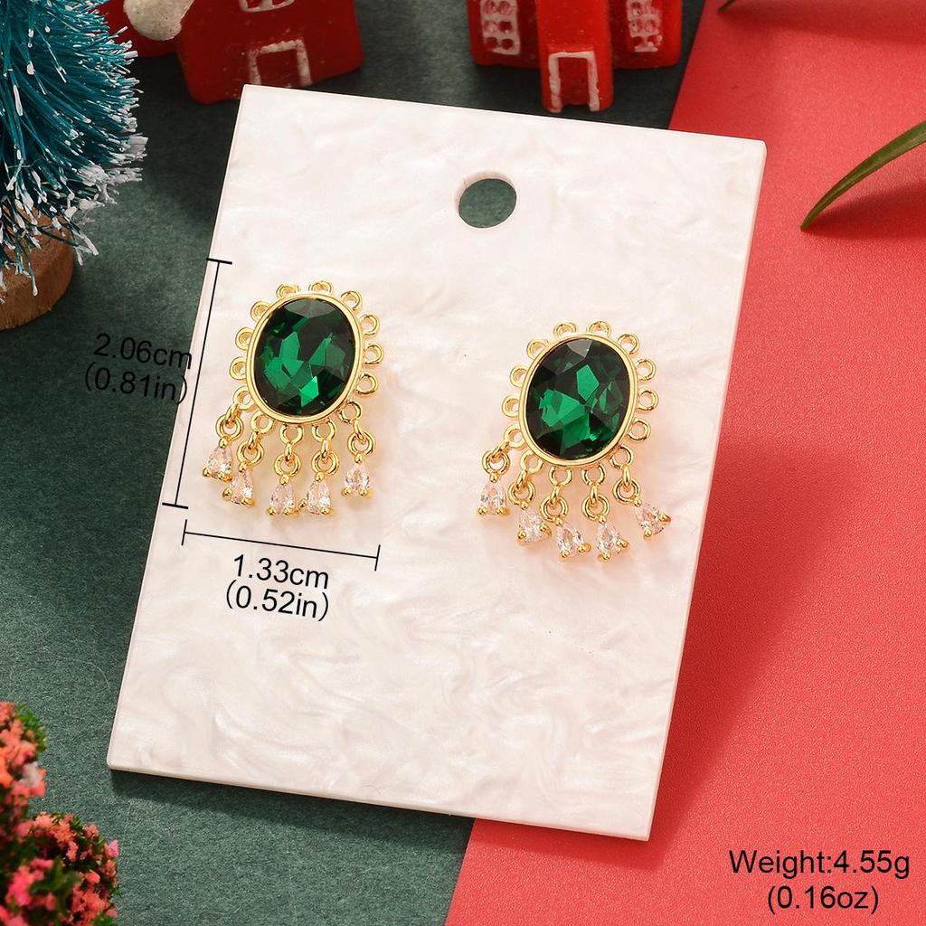Emerald Zircon Gold-Plated Copper Vintage Earrings - European & American Christmas Edition