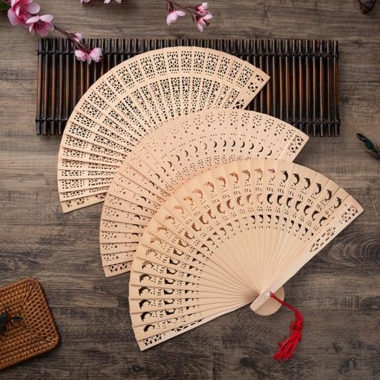 8-Inch Sandalwood Folding Fan Chinese Style Hollow Ribs Catwalks Dance Performance Photo Props Portable Summer Wooden Hand Held Fan Party