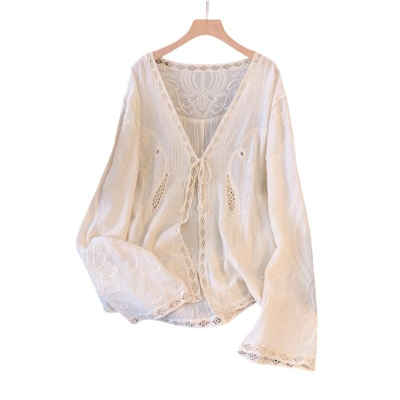 Plus Size New Chinese Style Embroider Lace Lace Sweet Long Sleeve Shirt Women's Spring & Fall Loose Thin V-neck Outer Tops