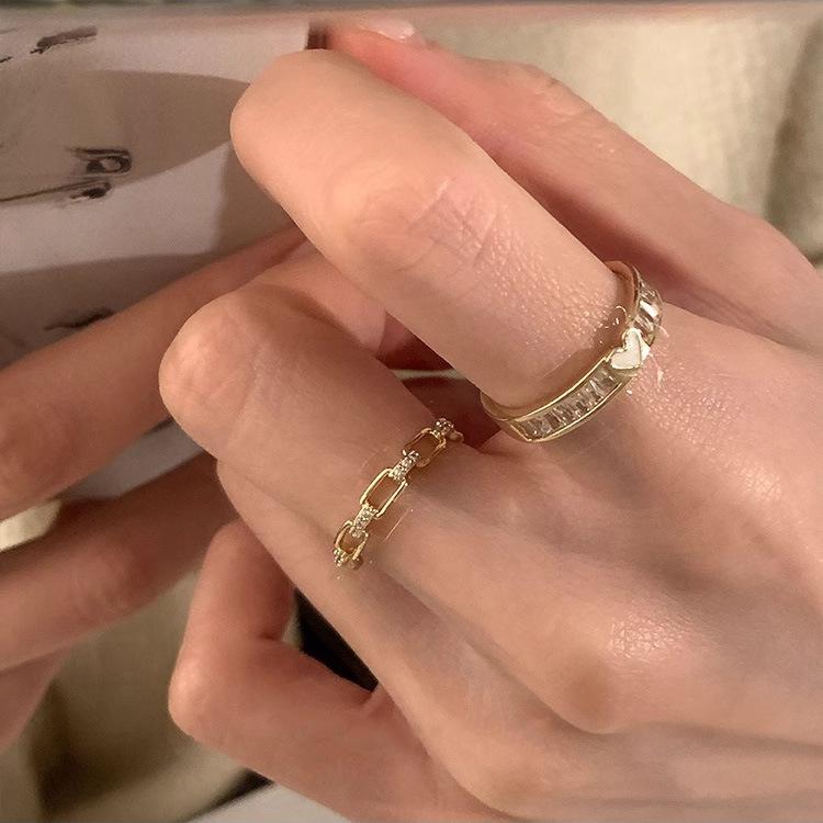 Zircon Chain Heart Open Ring Women's Niche Retro Personality Simple Versatile Temperament Casual Everyday Dainty Minimalist Jewelry