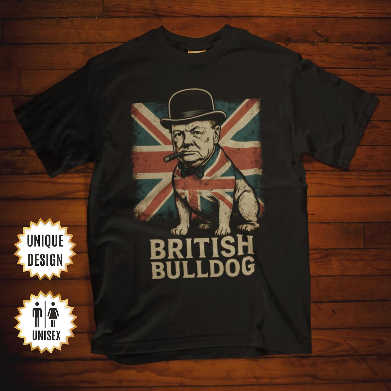 British Bulldog Churchill T-Shirt, Iconic WW2 British Prime Minister Tee, Vintage Grit Style, Patriotic Gift for History Buffs, Funny Tee M