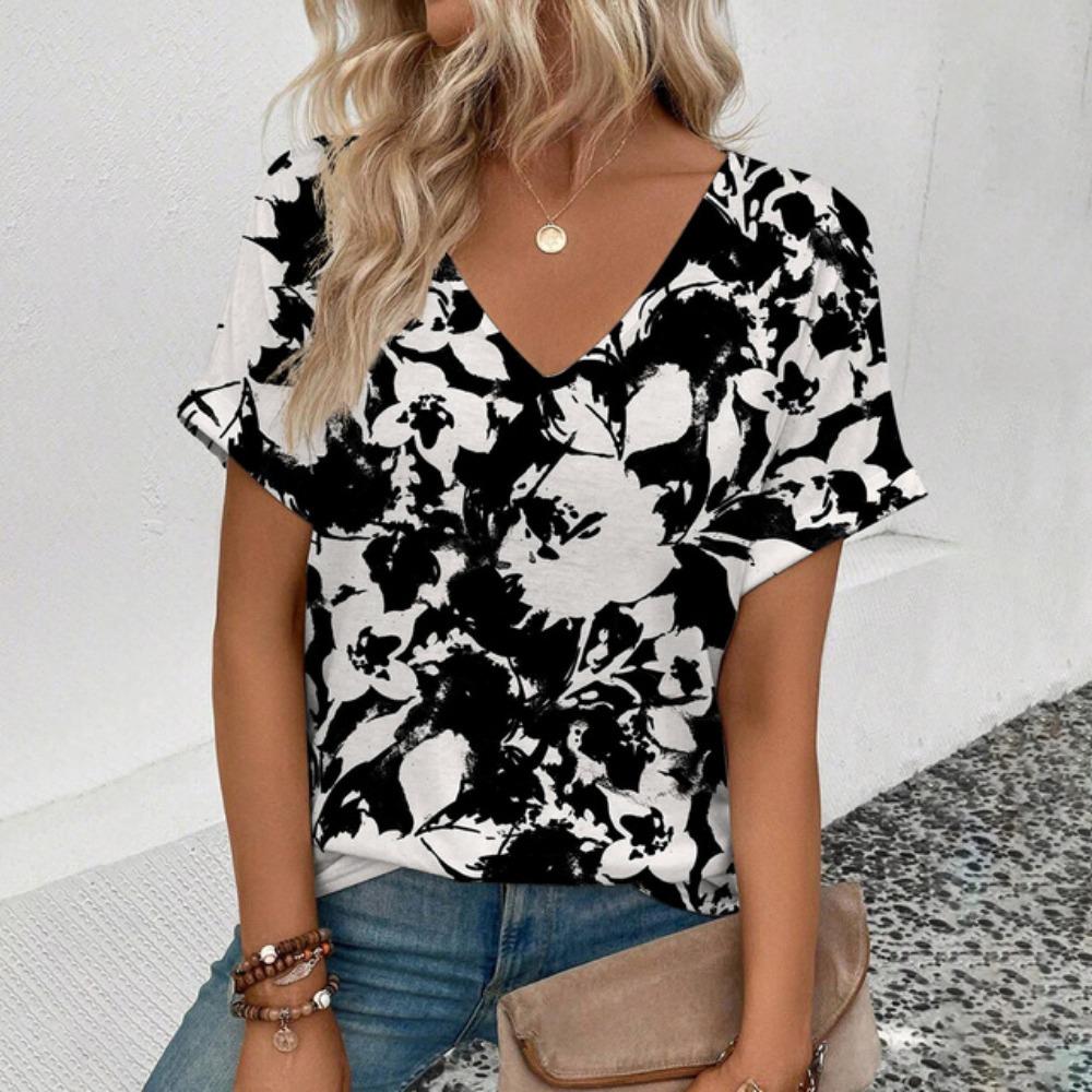 Elegant Women's Large Size V-neck T-Shirt Fashion Flower Pattern 3D Print T-Shirt Summer Casual Women's Short Sleeve T-Shirt