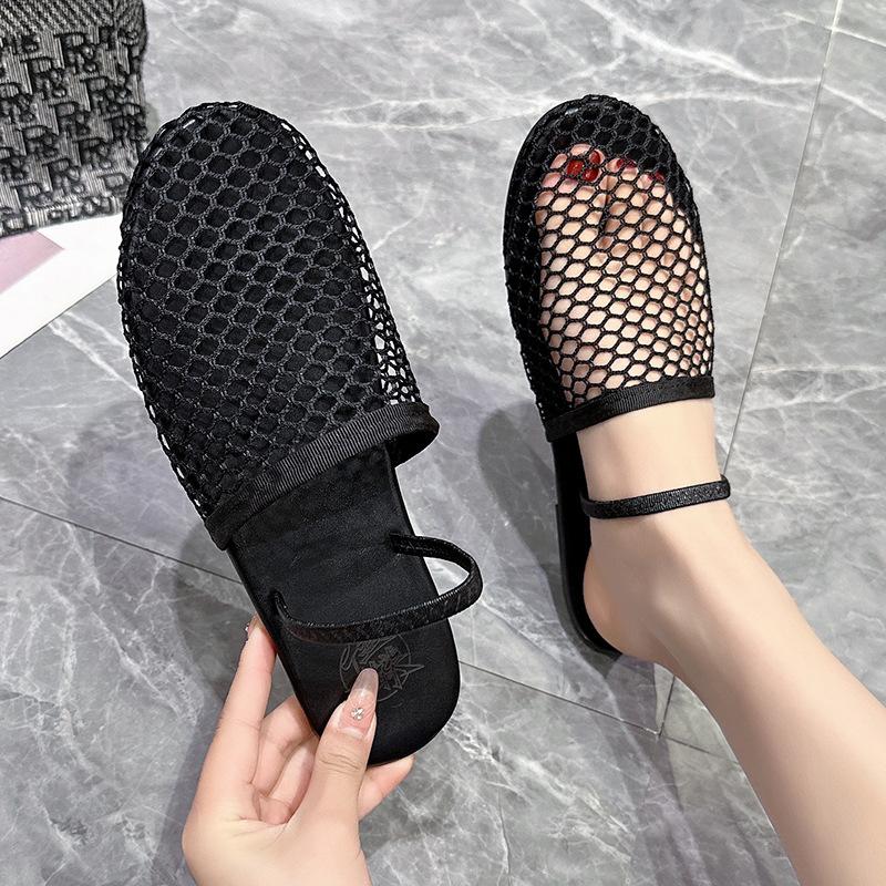 Fashion 24 New Fashion Fish Net Weaving Hollow Roman Sandals Summer Round Toe Flat Bottom Fisherman's Shoes Baotou Half Slippers