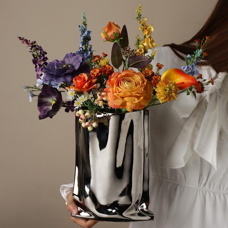 Abstract Ceramic Silver Plant Vase Electroplating Floral Living Room Decor Luxury Flower Hotel Art Decoration Home Accessories