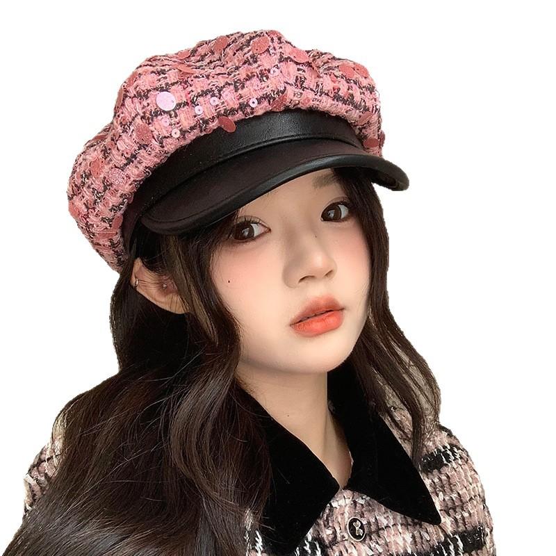 Versatile Duck Tongue Beret for Women's Fashion Sequin Big Head Painter Hat Korean Version Showing Face Small Octagonal Hat