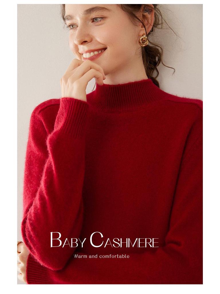 Women's Cashmere Winter Sweater - Half High Neck, Thick Knit, Saddle Shoulder, Loose Fit Pullover.