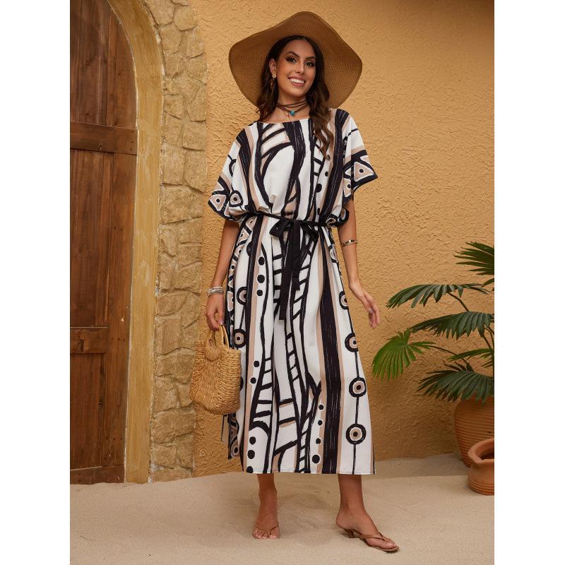 

Printed Beach Cover-Up Long Robe for Vacation - Bikini Swimwear Sun Protection Shirt One Size