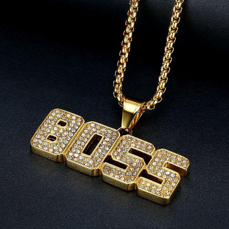 New Hip-Hop Jewelry Titanium Steel Gold-Plated Diamond-Encrusted BOSS Letter Pendant Necklace