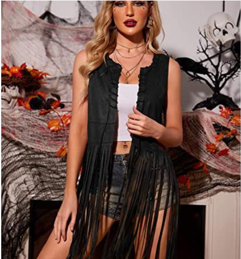Women Sleeveless Mid Length Vest Cardigan Shawl Suede Fringed Vest Jacket XS