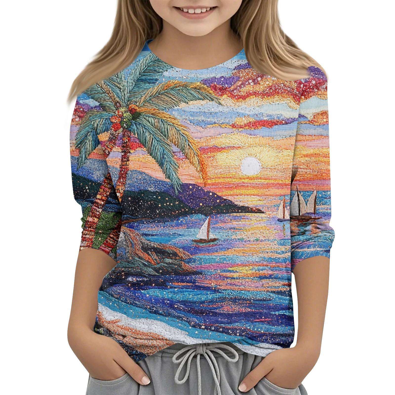

Children s Fashion Printed Round Neck Three-quarter Sleeve Top Casual T-shirt 110 синий