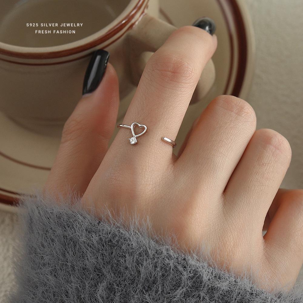 925 Sterling Silver Korean Sweet Zircon Hollow Opening Ring for Women Simple Luxury Party Jewelry Accessories