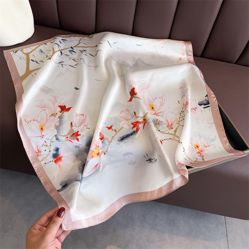 Scarf Women Silk Scarves Square Bandana Hijab Wrap Flower Designer Neckerchief Shawl Kerchief Hair Band Foulard Luxury
