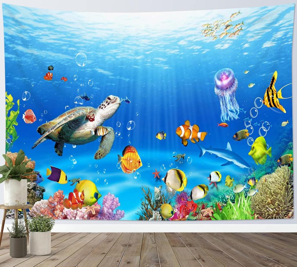 Sea Turtle Coral Reef Tapestry Blue Ocean Tropical Fish Underwater Wall Hanging for Bedroom Living Room Nature Decor