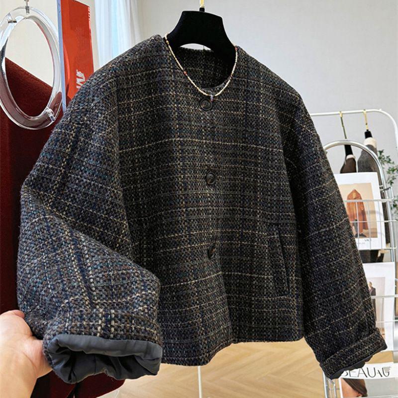 Women's Korean Plaid Woolen Coat – Autumn/Winter Petite, Long-Sleeved