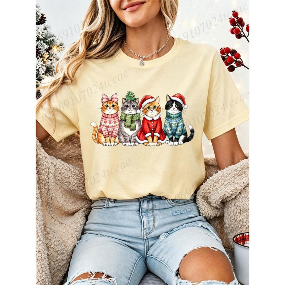 Xmas Cats Printed T‑Shirt Women Funny Cat Graphic Christmas Party Casual Short Sleeve Tops Family Holiday