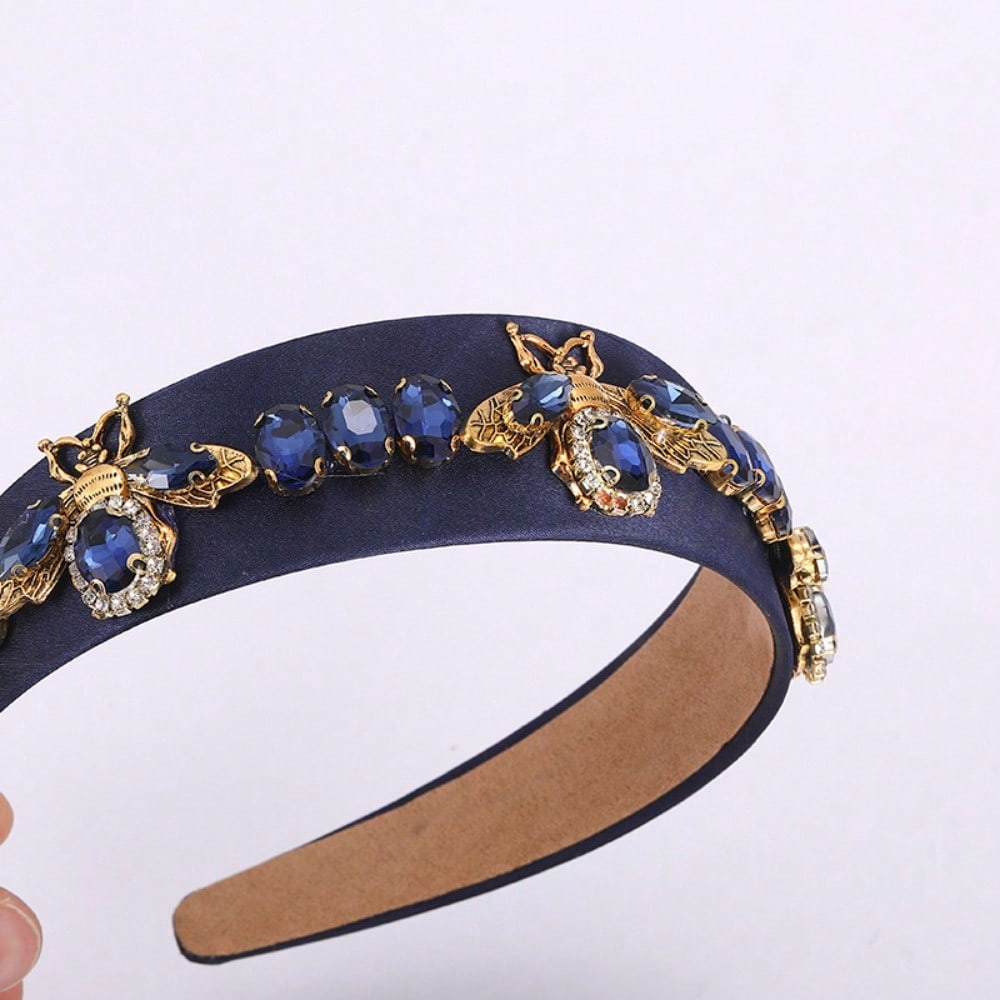 Color Crystal Bee Headband Fabric Wide Edge Headband Retro Rhinestone Hair Accessories