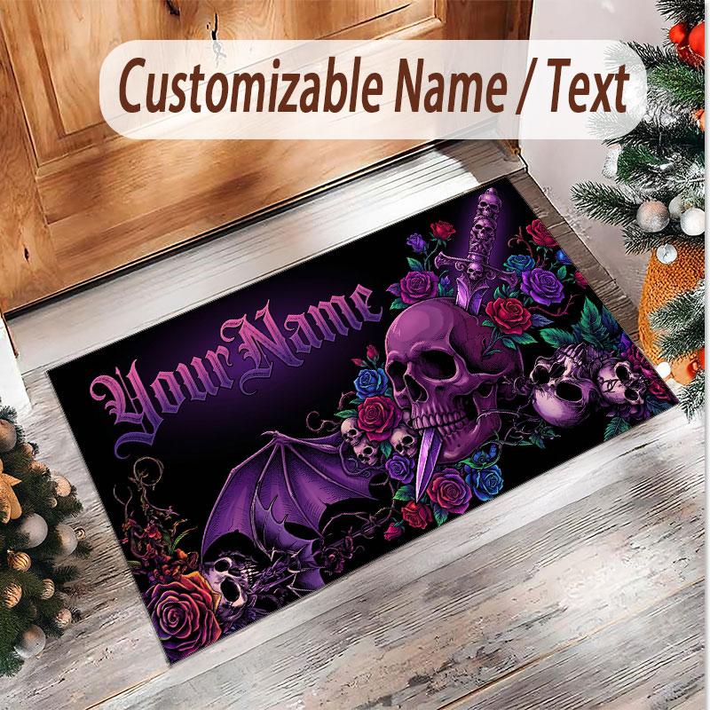 Skull Gothic Theme Soft Crystal Velvet Rug Custom Name & Text Print Non Slip Floor Rug for Bedroom Living Room
