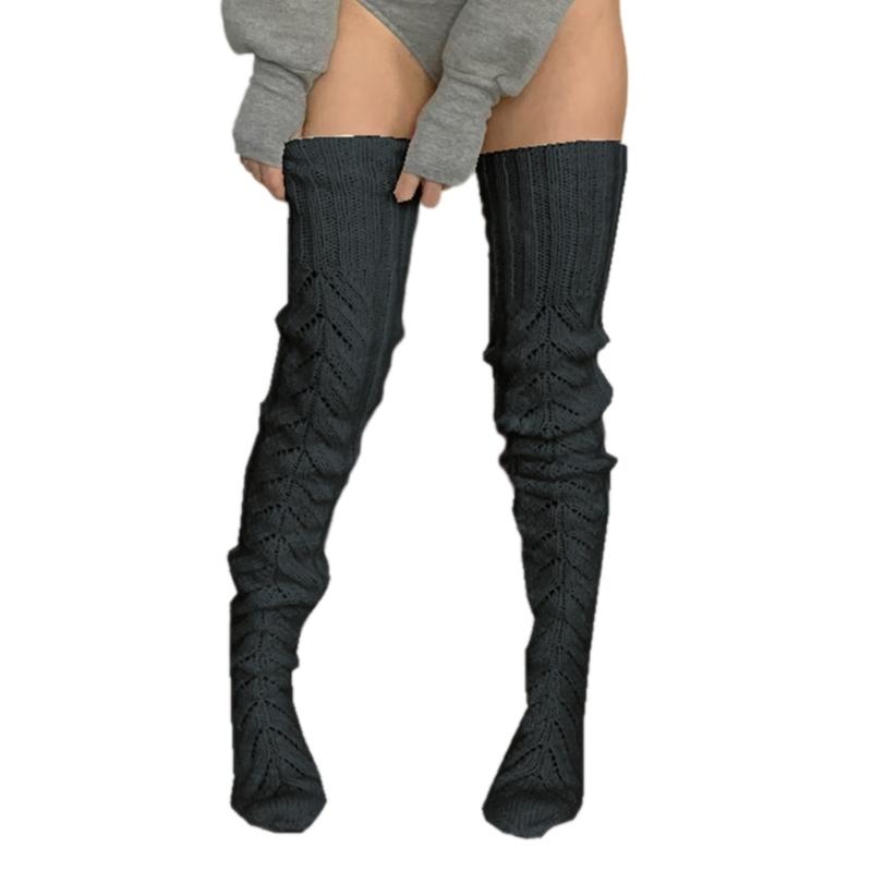 Hollowed Out Knitted Over Knee Long Socks for Women Winter Fall Thigh High Stockings Solid Color Thermal Long Leg Warmer