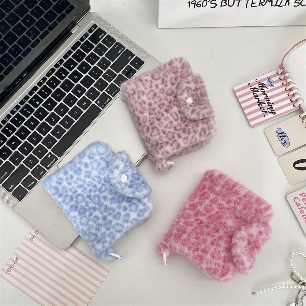 Pink Leopard Coin & Sundries Storage Bag - Cute Blue Plush Large Capacity Portable Card Holder