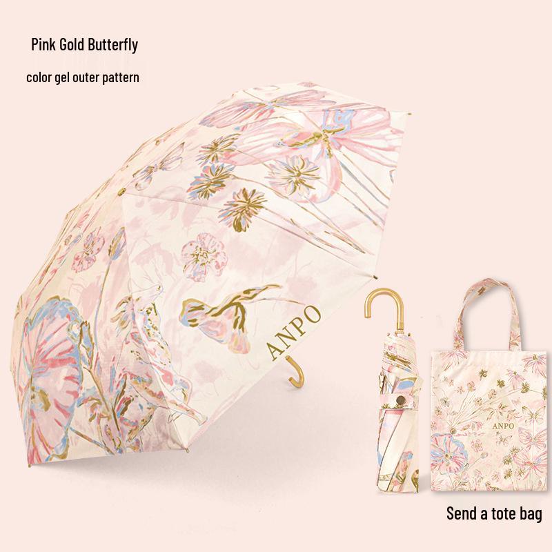 Gold Curved Hook Sunshade Sun & Rain Anti-UV Folding Umbrella for Women