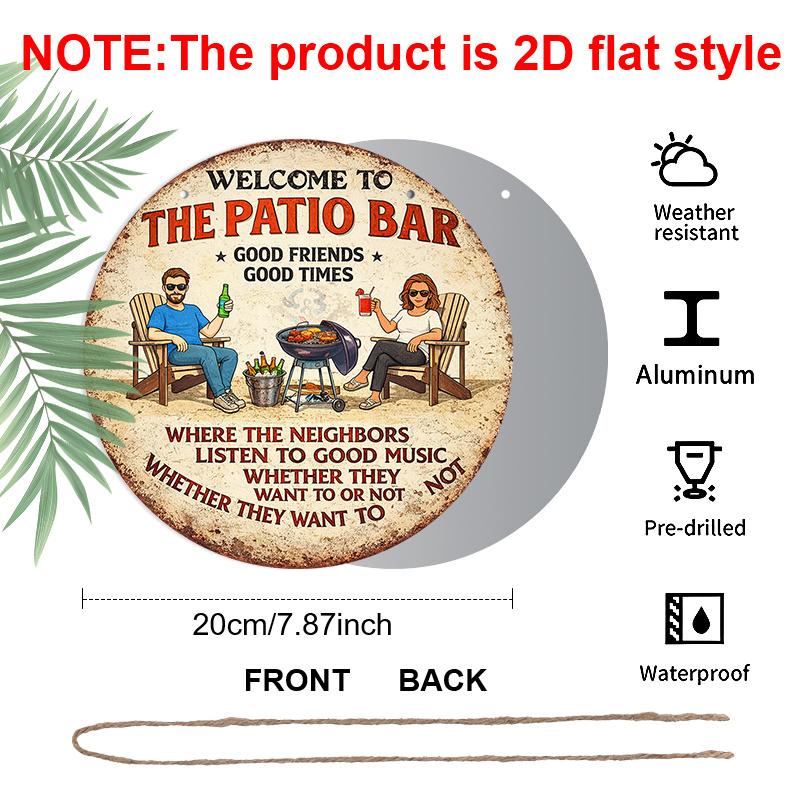 2D Flat, 1pc Round Aluminum Hanging Sign, "Welcome To The Patio Bar" Retro Metal Wall Plaque, Vintage BBQ & Friends Drinking Design, Ideal for