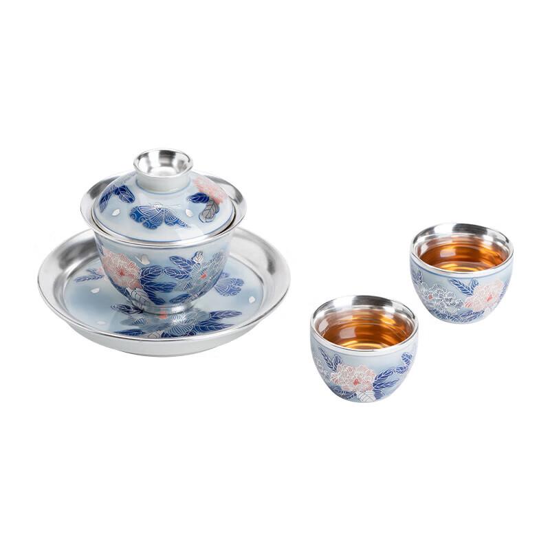 SUSHI CERAMICS Silver-Plated Peony Sancai Gaiwan Tea Set