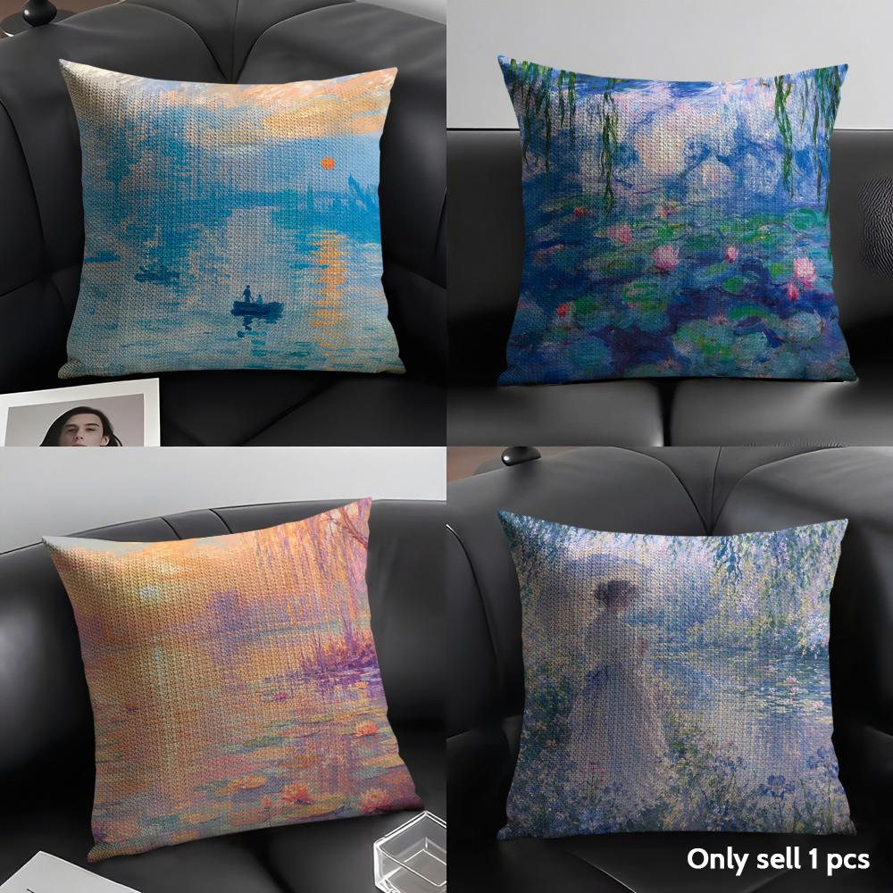 Monet Water Lilies Oil Painting Cushion Cover Linen Organic Fabric DoubleSided Printing Sofa Breathable Home Decor Pillow Case