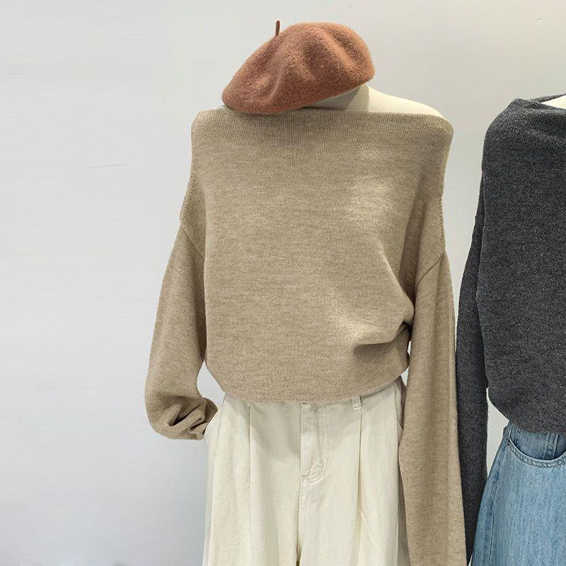 Women's French One-Shoulder Knit Top - Autumn/Winter 2024 Slim Off-Shoulder Sweater