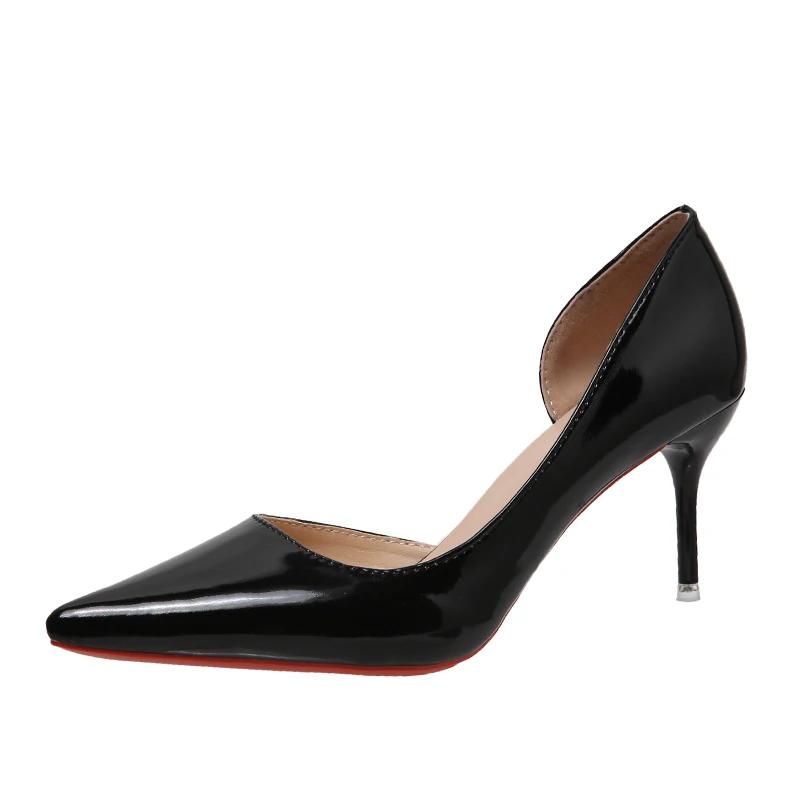 Fashion Black Patent Leather Side air Pointed Toe Red Rubber Bottom Women High Heels Party Shoes Sexy Ladies Dress Stiletto Pumps 44 45