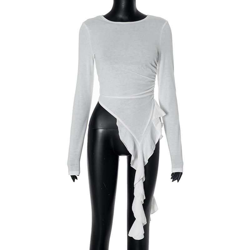 

Савасди Ка G24TP246 Топ с круглым вырезом, оборками, приталенного силуэта, с длинным рукавом для женщин Medium