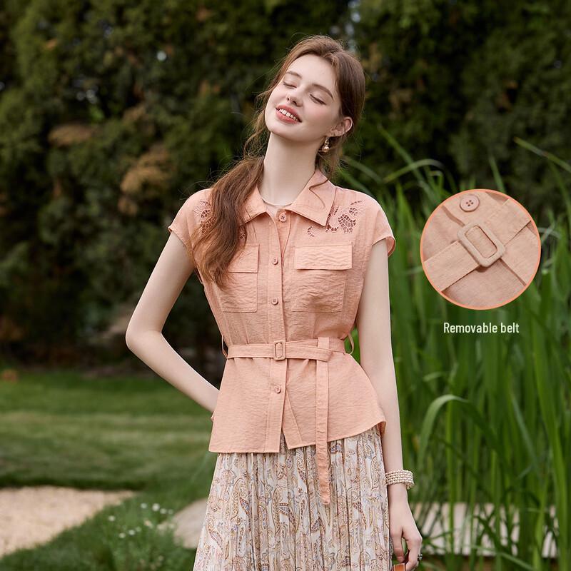 Bailuyu Women s Embroidered Lapel Shirt with Detachable Belt XL розовый